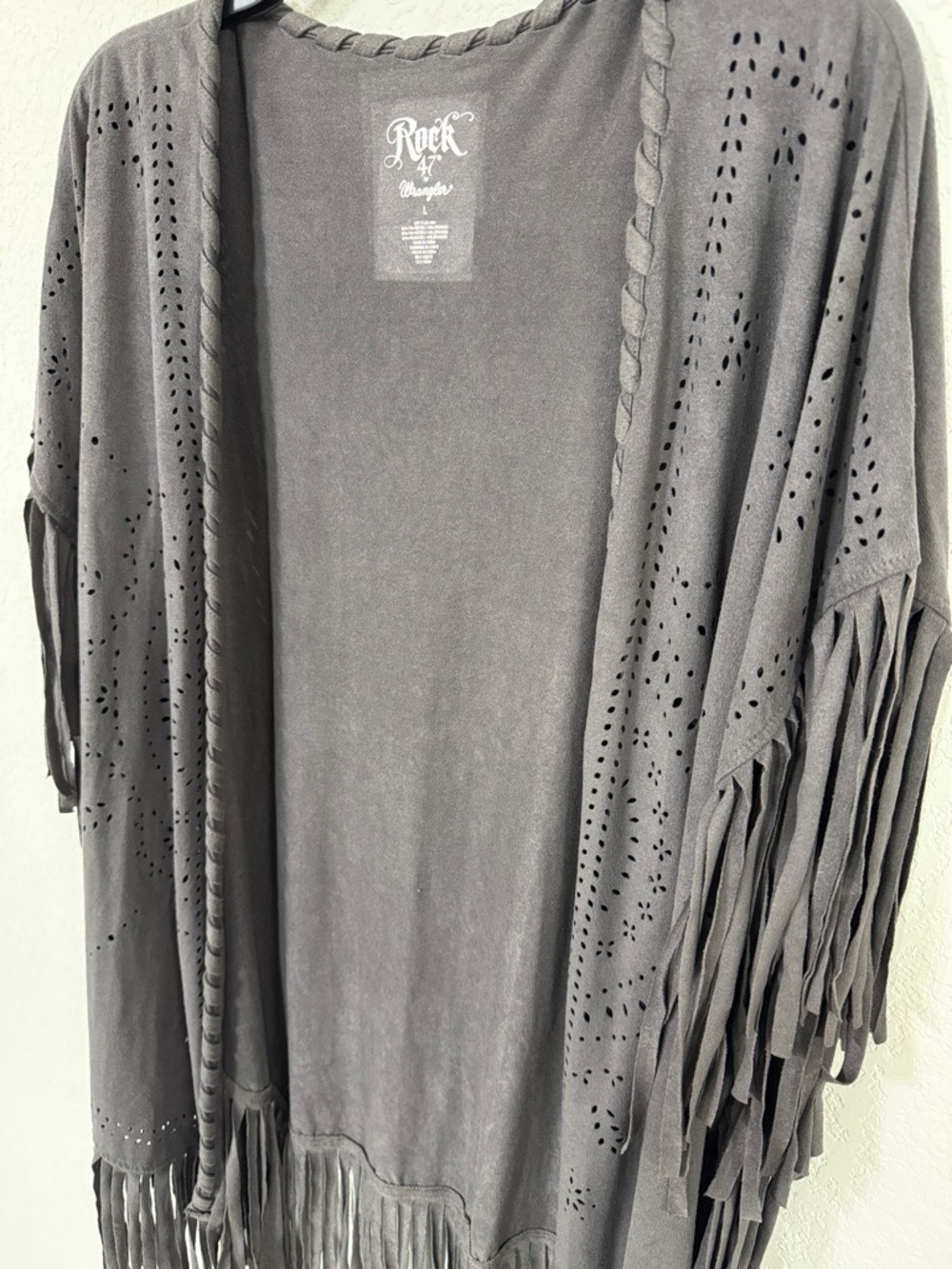 Rock 47 by Wrangler Charcoal Gray Fringe Faux Suede Duster